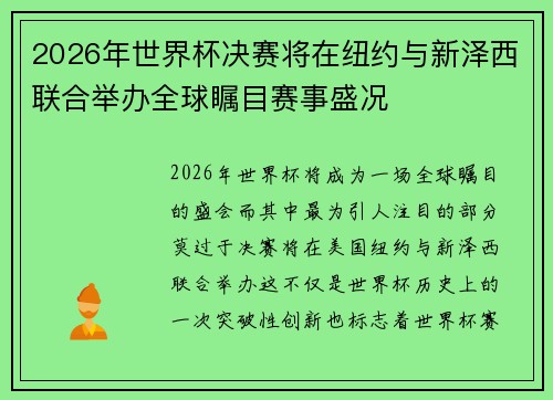 2026年世界杯决赛将在纽约与新泽西联合举办全球瞩目赛事盛况