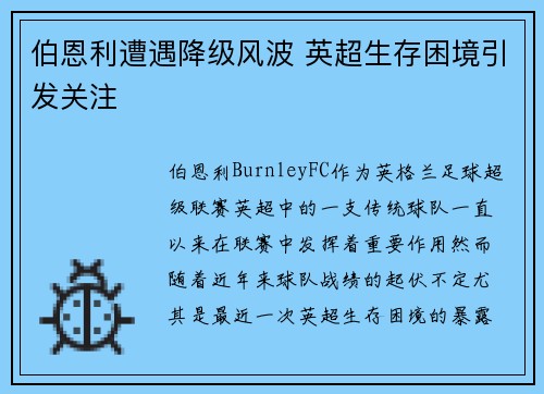 伯恩利遭遇降级风波 英超生存困境引发关注